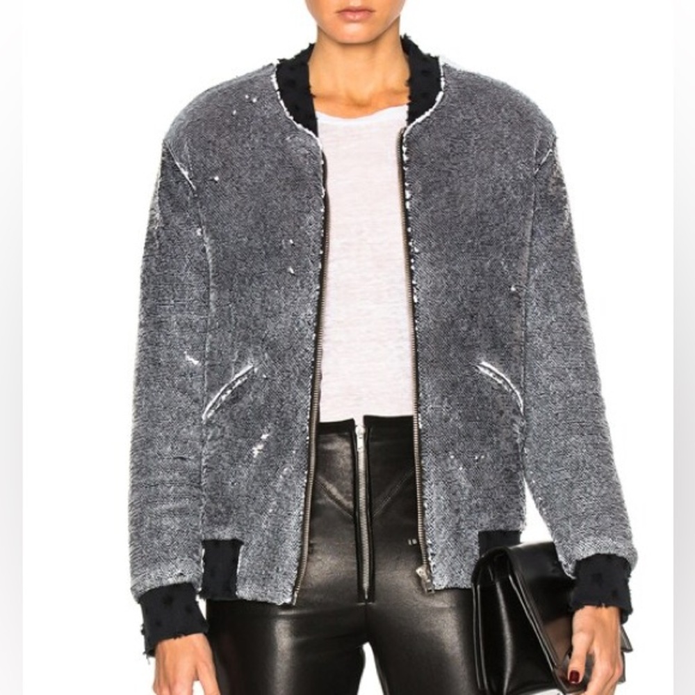 IRO Jeans Amaia Metallic/Shimmering Black/White Sequin Zip Bomber Jacket sz 34